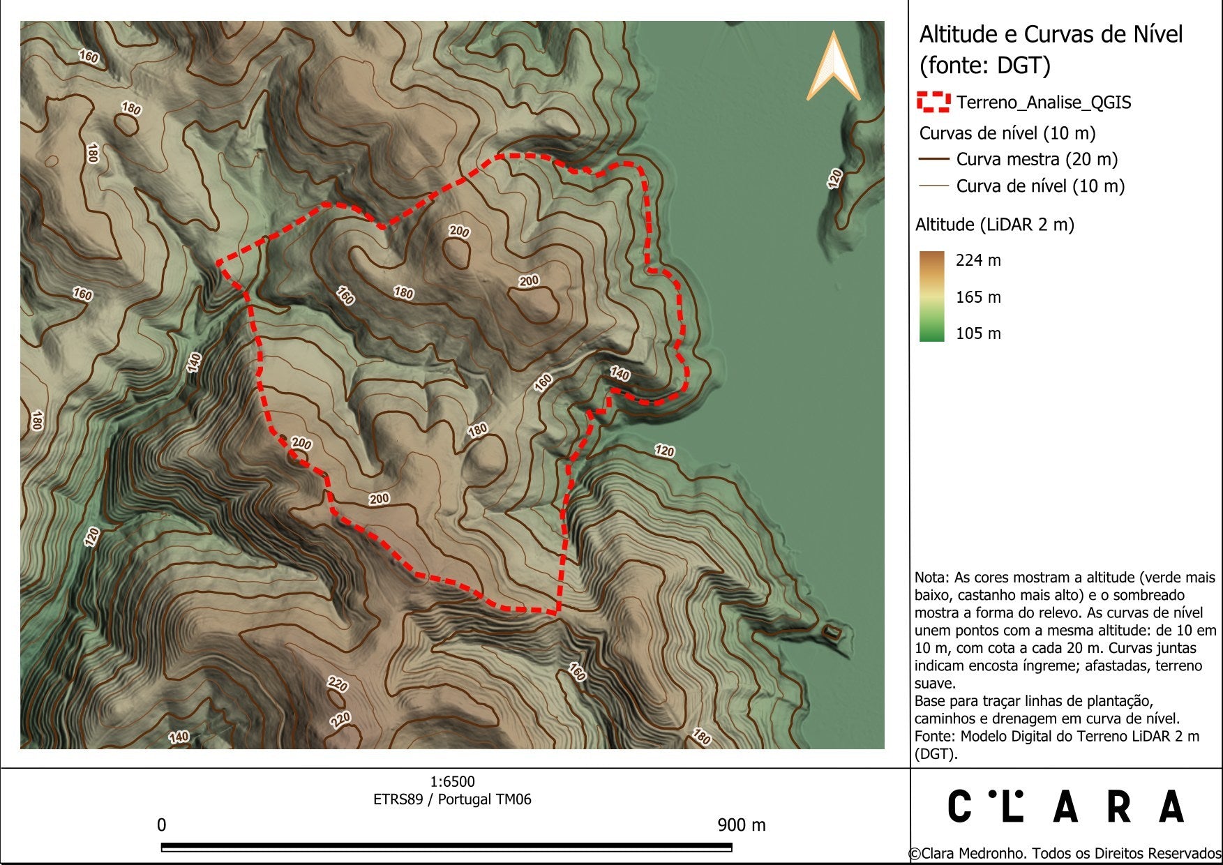 Mapa de altitude e curvas de nível
