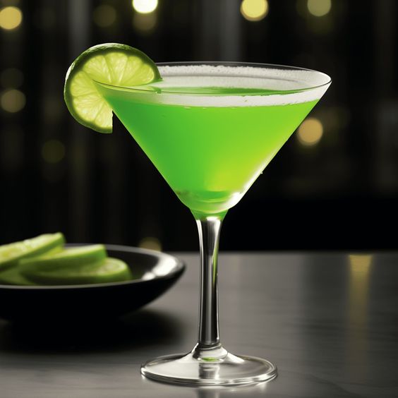 cocktail aguardente medronho e menta com picante. copo alto de martini com liquido verde claro e decoração de lima. fundo escuro com prato com rodelas de limaguarnica